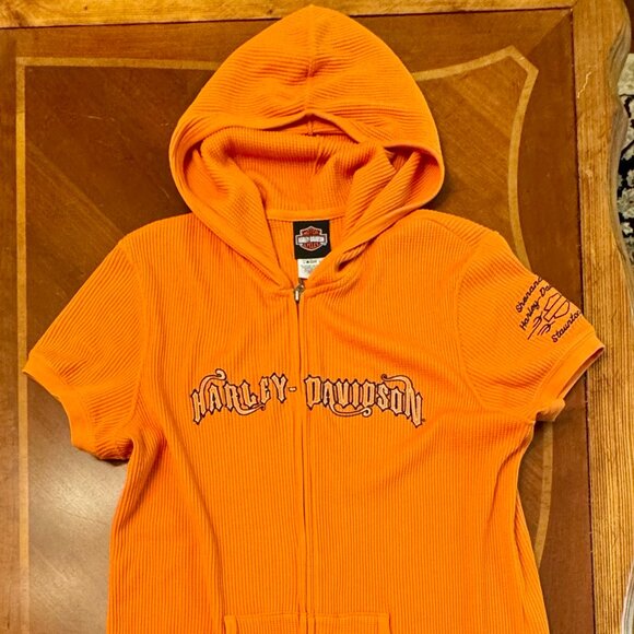 Harley Davidson Shirt Women's Orange Zip Up Hoodie Short Sleeve Ladies Large - Picture 1 of 8